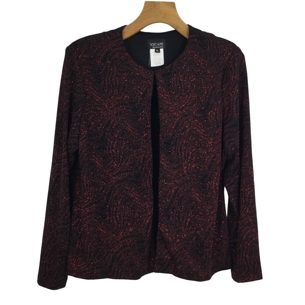 Xscape Joanna Chen Metallic Glitter & Beads Long Sleeve Top Red Black XL